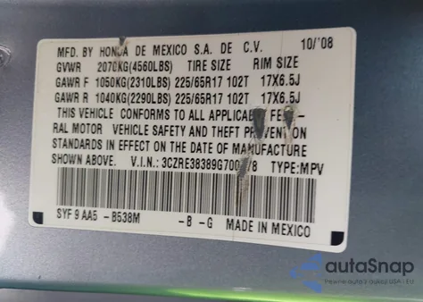 2009 Honda Cr-V Lx z USA, uszkodzony, nr VIN 3CZRE38389G700778
